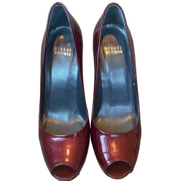 Stuart Weitzman Burgundy Red Stiletto Patent Leather Peep Toe Heels 8 - Picture 2 of 11
